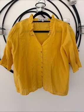 JP and Mattie Mustard Ruffle V-Neck Button Blouse